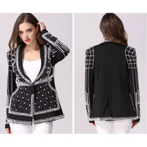 Primetime Pearl Beading Long Sleeve Shawl Lapel Formal Blazer Black Womens Small